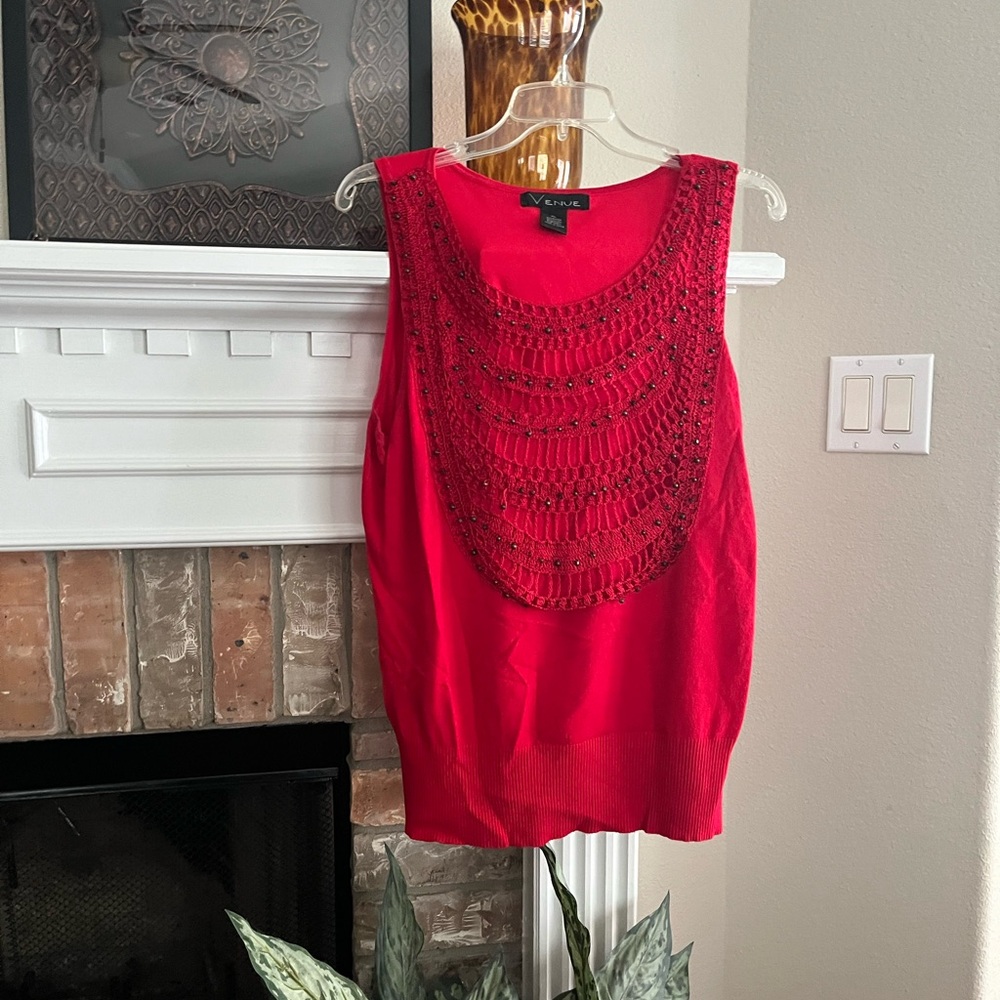 Vibrant Red Knit Tank Top with Intricate Pattern